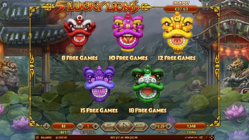 Biểu tượng và trả thưởng 5 Lucky Lions slot game V9bet 